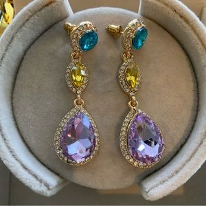 Earrings Purple Blue and Yellow Stones 2” Drop and Dangle Brand New Goldtone